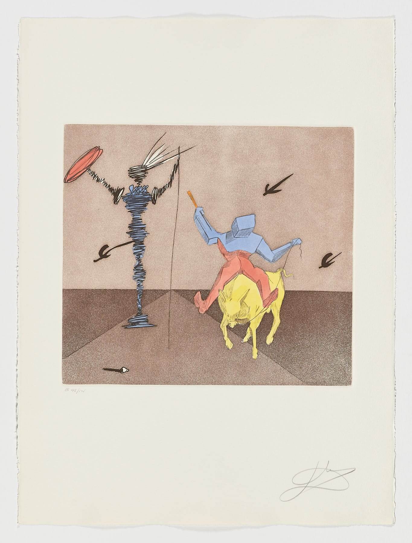 Surrealist lithograph by Salvador Dalí depicting Don Quixote and Sancho Panza from the series Historia de Don Quijote de la Mancha.